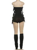 Hollow 2-Piece Set Women Tassel Bandage Low-Neck Sleeveless Backless Playsuits+Simple Leg Sleeve Midnight Sexy Suit