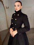 Elegant Stand Collar Metal Button Maxi Coat Lady Double Breasted Cinched Waist A-line Flared Overcoat Fall Date Party Outerwear