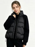 Women Cropped Puffer Jacket Stand Collar Cable Knit Sleeves Patchwork Zip Up Lightweight 2026 Lady Quilted Winter Warm Outerwear