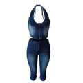 Denim 2 Piece Set Women Summer Halter Wrap Chest Backless Zip Halter Tops+Shorts Matching Hipster Vintage Streetwear