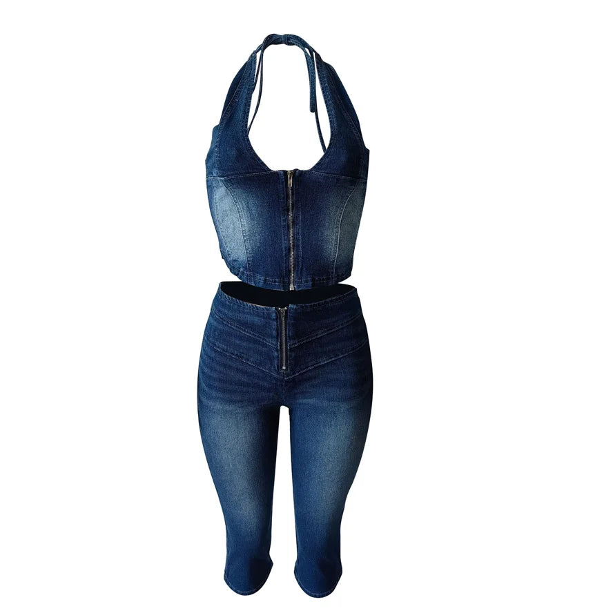 Denim 2 Piece Set Women Summer Halter Wrap Chest Backless Zip Halter Tops+Shorts Matching Hipster Vintage Streetwear