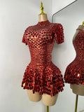 Sexy Women Short Sleeve Sparkly Sequins Stage Dress Luxury Evening Party Nightclub Performance Costume Stage Wear