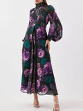 Elegant Floral Printing Long Dressess For Women Stand Collar Lantern High Waist Spliceed Rivet Hollow Out Dress Female New