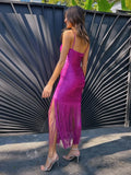 High Quality Fashion Fringe Rose Red Spaghetti Strap Long Dresses Women'S Tassel Celebrity Bandage Dress Prom Vestidos