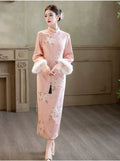 Pink Dress Long sleeved Cheongsam Winter Thick Improvement for Young Women High end Daily Qipao Dress