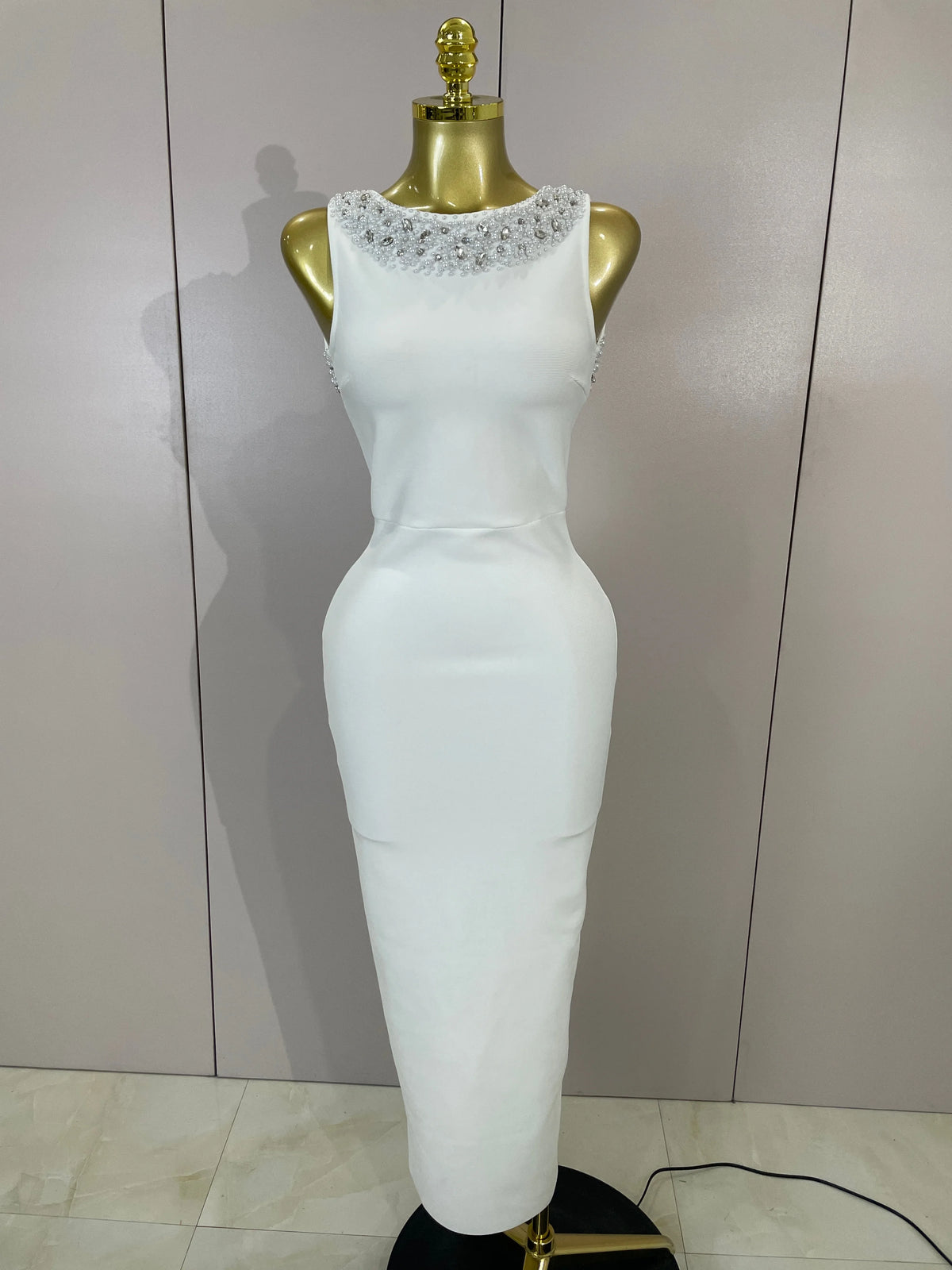 Women Diamond Pearl Sleeveless Sexy Backless Long Bandage Dress Celebirty Elegant Evening Party Birthday Wedding Guest Prom Gown