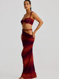 Bandage Ruched 2 Piece Set Women Square Collar Bra+Skinny Long Skirts 2025 Summer Vacation Beach Party Trend Suits