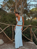 Chic Light Blue 2 Piece Outfit Women Deep V Neck Sleeveless Ruched Crop Top Low Waist Flowy Maxi Skirt Suit Party Matching Sets