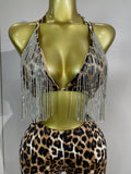 2026 New Sparkly Rhinestones Chains Leopard Print Bikini Top Pants Two Pieces Set Women Sexy Party Birthday Nightclub Stage Wear