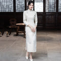 White Embroidery Thickened Chinese Style Long Sleeved Cheongsam Women's Retro Slim Fit Autumn and Winter Qipao Dress