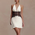 Sexy Halter Spliced Lace Hollow Dress for Women V Neck Tunic Backless Sexy Hot Girl Hit Color Mini Dresses Female