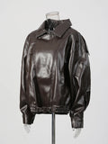 French Retro Pu Leather Jacket for Women Stand Collar Long Sleeve Patchwork Button Temperament Loose Coat Female