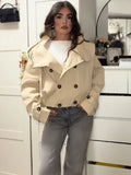 Women Stand Collar Double Breasted Cropped Trench Jacket Long Sleeve Button Cuff Loose Short Outerwear Fashion Street Daily Wear