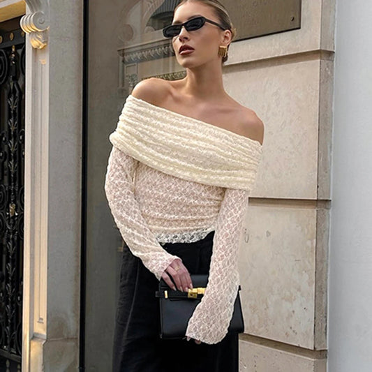 Sexy One Shoulder Top Women Fashion Hollow Out See-Through Pleated Lace Top Elegant High Street Party Slim Female Tops