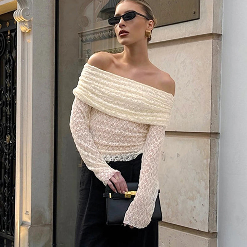 Sexy One Shoulder Top Women Fashion Hollow Out See-Through Pleated Lace Top Elegant High Street Party Slim Female Tops