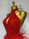 Luxury Rhinestones Pearls Halter Backless Short Feathers Dress Women Sexy Celebrate Birthday Dress Performance Dance Costume