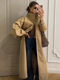 Stylish Solid Stand Collar Button Front Loose Maxi Trench Coat Batwing Long Sleeve Outerwear Women Autumn Daily Office Wear New