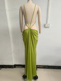 Fashion Halter Cowl Neck Cutout Floor Length Mermaid Dress for Women Backless Thin Strap Draped Ruched Bodycon for Party