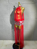 Women Sheer Mesh Rhinestone Skirt Long Tulle TrainSexy Costume For Club Party Stage ShowEvening Performance Events