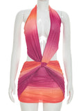 Colorful Gradient Print Dress Women Backless Sleeveless Halter Deep v-Neck Mesh Folds Summer Fashion Mini Bodycon