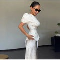 Elegant Women's Printed Waistband Long Dress 3D Flower V-neck Bubble Sleeve Patchwork A-line Dresses 2026 Spring Party Robe