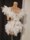 Elegant Off The Shoulder White Mesh See-Through Mini Dress Eveing Party Birthday Sexy Sparkly Rhinestone Nightclub Stage Costume