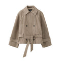 Vintage Plaid Belted Jackets Women Slim Full Sleeves Double-breasted Lapel Cropped Coats 2026 New Ladies Autumn Fashion Outwear