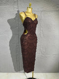 Women Dark Brown Spaghetti Strap Beaded Sequins Midi Dress Suitable for Formal Dinners, Cocktail Parties, Guests and Party