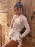 Sexy See Through 3 Piece Set Women Halter Bra+Swing Collar Flared Sleeve T-Shirts+Skinny Shorts Fashion Elegant Set