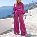Satin Two Piece Set for Women Ruffle Mock Neck Long Lantern Sleeve Crop Top Pleated Wrap Wide Leg Pants for Vacation Daily