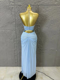 Sexy Halter Neck Maxi Dress Crystal Chain Cutout Ruched Women Sheer Mesh Form Outfit Glamorous Evening Gala Party Costume