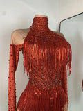 Red Rhinestones Skinny Bodysuit Women Sexy Long Sleeve Tassel Performance Singer Dance Costume Nightclub Celebrate Stage Wear