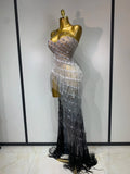 Women Sexy Strapless Rhinestone Tassels Maxi Long Dress Luxury Birthday Party Bar Nightclub Celebrity Stage Performance Outfit