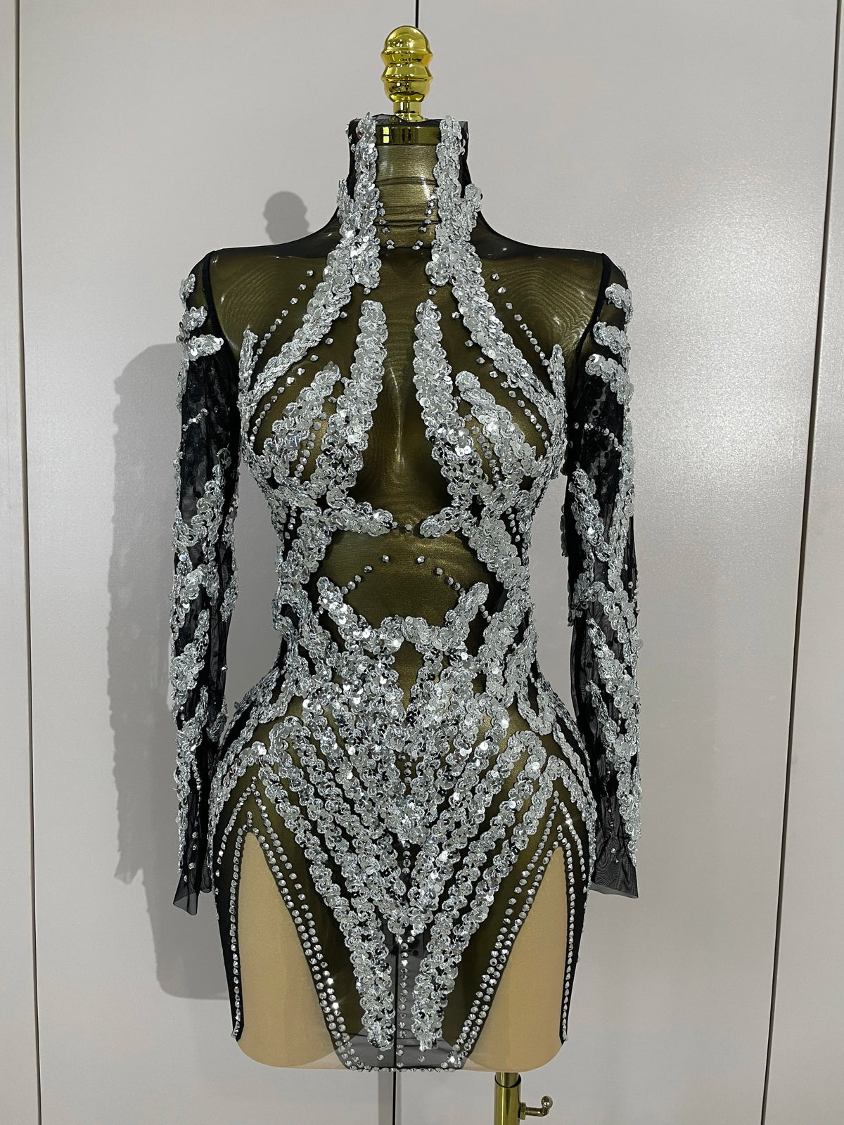 Sparkly Rhinestones Sexy Mesh Transparent Mini Dress Eveing Birthday Party Dance Nightclub Fashion Show Stage Costumes