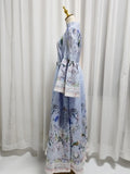 Blue Retro Romantic Floral Print Swing Dress for Women Stand Collar Flare Sleeve Waist Tie Design Mid Skirt for Travel Shoot