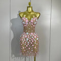 Women Evening Party Birthday Prom Nightclub Stage Costume Luxury Diamonds Chain Pearl Sexy Strapless Mesh See Through Mini Dress
