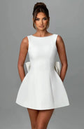 Chic Pearl Bow Short Dress for Women Backless Casual Mini Dresses White Black Pink Wedding Guest Summer Bridesmaid Robe Birthday