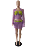 Glitter Sequins Knitted Skirt Sets Women 3 Piece Outfit Vacation Festival Clothing Sheer Top and Mini Skirt Matching Sets