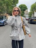 Gingham Plaid Hooded Windbreaker Jacket Drawstring Waist Loose  Outerwear 2026 Spring Autumn Lady Retro Outdoor Casual Jacket