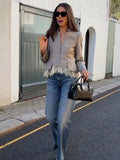 Fashion Lace Hem Peplum Suit Jacket Women V-neck Stand Collar Single Breasted Slim Fit Coat 2026 Vintage Office Casual Outerwear