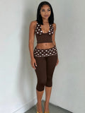 Patchwork 2-Piece Set Women Backless Halter Low-Neck Vest+Folds Elastic Waist Short Fashion Polka Dot Print Suits