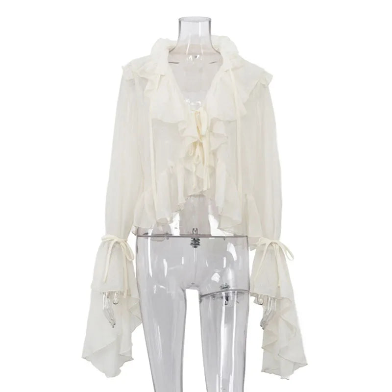 Ruffle Trim Sheer Long Sleeve Cropped Blouse Cuff Tie-Front Sheer Chiffon 2026 Summer Coquette Women Beach Casual Cover-Up Top