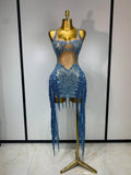 Sparkly Blue Rhinestone Tassel Mesh See Through Dress Pole Dancer Singer Outfit Women Sexy Evening Party Club Stage Costume