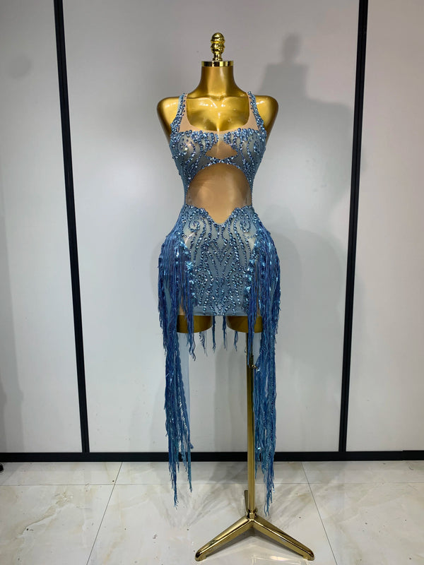 Sparkly Blue Rhinestone Tassel Mesh See Through Dress Pole Dancer Singer Outfit Women Sexy Evening Party Club Stage Costume
