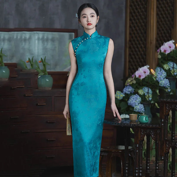 Retro Blue Cheongsam New Chinese Style Improved High-end Temperament Long Style Slim Fit Slimming Female Qipao Dress