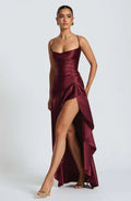 Sexy Satin Long Dress Luxury Ruffles Backless Bandage Evening Dresses Red Burgundy Blue Wedding Guest Cocktail Party Summer New