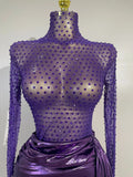Luxury Sparkly Diamond Birthday Evening Party Nightclub Team Stage Costume Sexy Mesh See Through Purple Long Sleeves Mini Dress