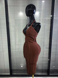 Brown Black Women Sexy Halter V-Neck Bodycon Midi Bandage Dress Bar Singer TV Show Performance Costumes Birthday Clothing