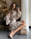 New Women's Skirt Two Piece Set Chiffon Bow Tie Top High Waisted Drawstring Mini Dress Suit Ladies Sexy See Through
