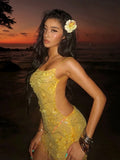 Beaded Tassel Dress Women Sequin 3d Flower See Through Backless Sleeveless Sexy Beach Party Midnight Mini Bodycon